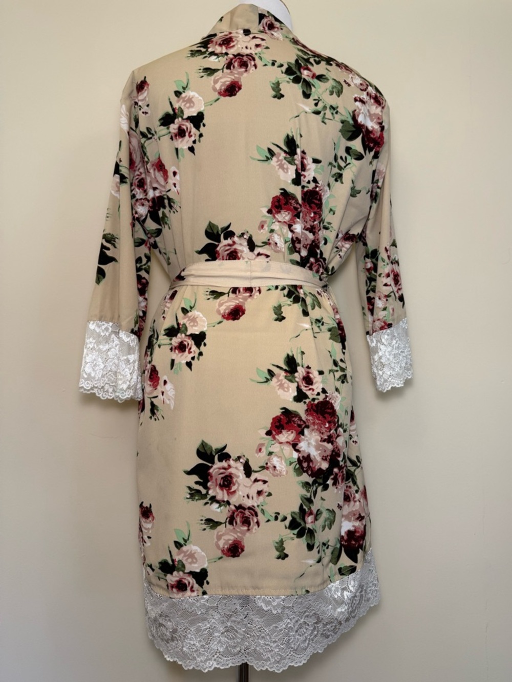 Floral Lace Robe Bridesmaid Getting Ready Boho Kimono Wrap Beige Roses POCKET - Picture 6 of 14